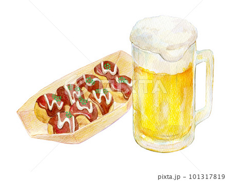 生ビールとたこ焼きのセット　水彩イラスト 101317819