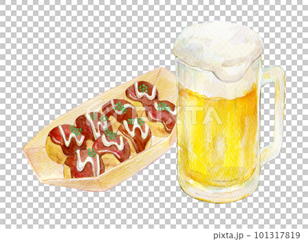 生ビールとたこ焼きのセット　水彩イラスト 101317819