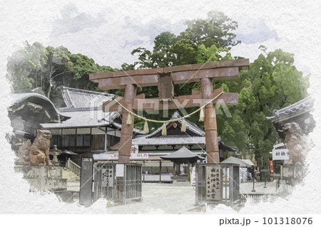水彩画風 由加神社本宮 鳥居 岡山県倉敷市 水彩画風 由加神社本宮 鳥居 岡山県倉敷市 101318076