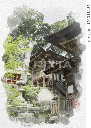 水彩画風　由加神社本宮　本殿　岡山県倉敷市 101318186