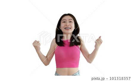 Asian woman smiling happily isolated on yellow background, Woman loves and rejoices herself, Contented, Pure love, Love myself, Proud of yourself, Self-made happiness, Optimism, Painting Therapy with  101318357