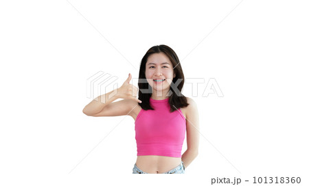 Call sign, Bright young asian woman inviting to call isolated on yellow background, Suggest to call or invite to apply for membership, Isolated on yellow background. 101318360