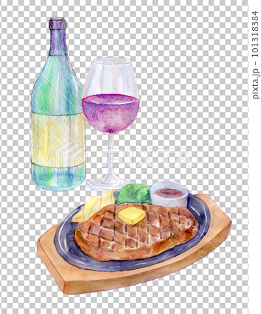 葡萄酒和牛排設置水彩插圖 101318384