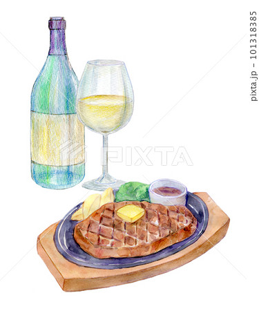ワインとステーキのセット　水彩イラスト 101318385