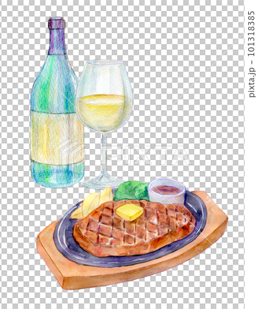 Wine and steak set watercolor illustration 101318385
