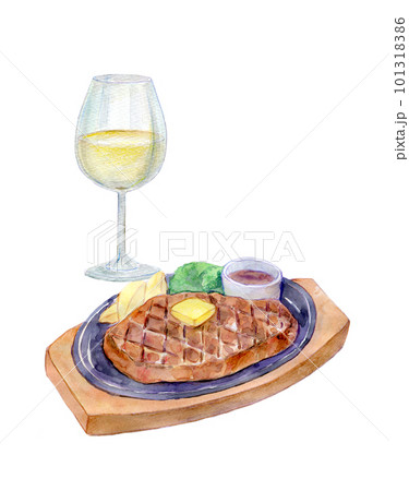 ワインとステーキのセット　水彩イラスト 101318386