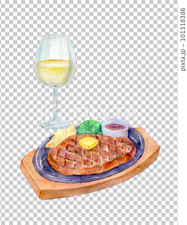 ワインとステーキのセット　水彩イラスト 101318386