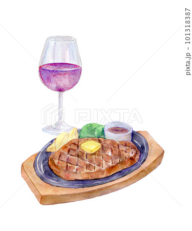 ワインとステーキのセット　水彩イラスト 101318387