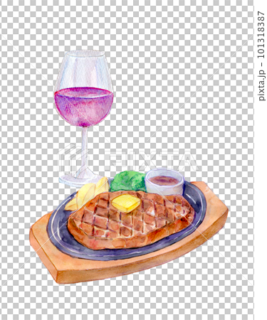 ワインとステーキのセット　水彩イラスト 101318387