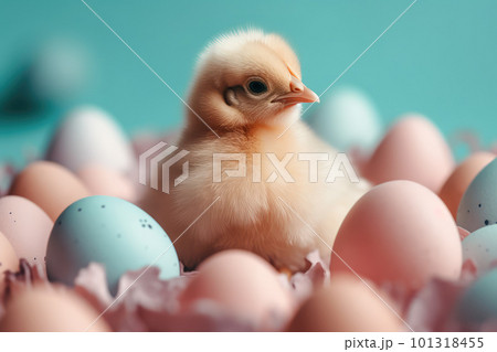 yellow chick surround easter eggs on blue background. minimal concept. Easter card.  101318455