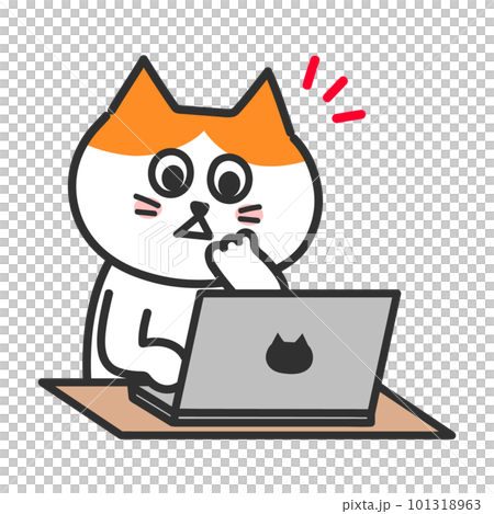 パソコン操作 発見する茶白猫 イラストのイラスト素材 [101318963] - PIXTA