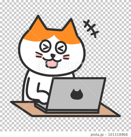 パソコンを操作しながら笑う茶白猫　イラスト 101318968