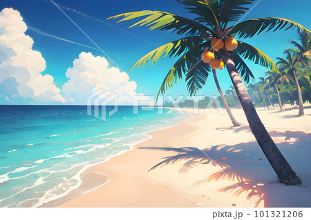 ヤシの木がある南国のビーチ 夏の海 バカンス イラストのイラスト素材