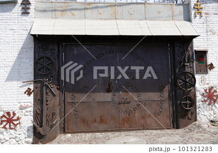 Kiev, Ukraine May 1, 2021: House of the Yakubovsky family museum in the center of Kiev hung with a swastika Kiev, Ukraine May 1, 2021: House of the Yakubovsky family museum in the center of Kiev hung with a swastika 101321283