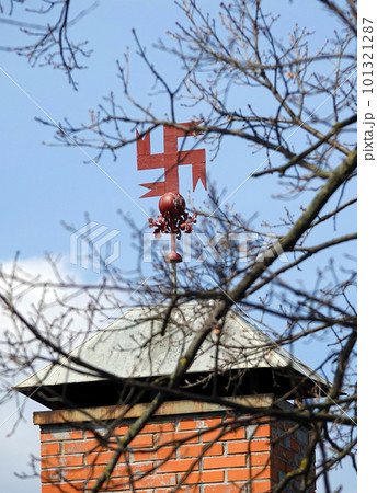 Kiev, Ukraine May 1, 2021: House of the Yakubovsky family museum in the center of Kiev hung with a swastika 101321287