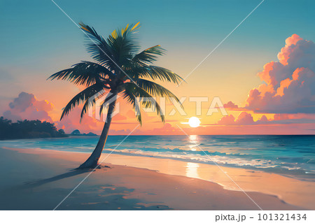ヤシの木がある夕暮れのビーチ 夏の海 バカンス イラストのイラスト素材 [101321434] - PIXTA