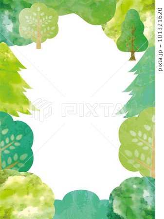 フレーム　枠　額　水彩　手描き　夏　森　木　緑　風景　背景　デザイン　コピースペース　イラスト素材 101321620