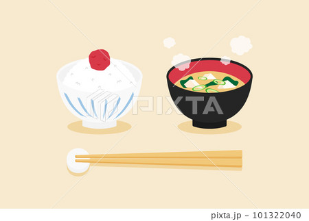 梅干しご飯と味噌汁と箸のイラスト 101322040