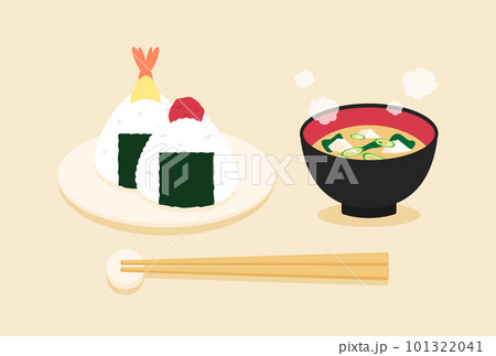 おにぎりと味噌汁と箸のイラスト おにぎりと味噌汁と箸のイラスト 101322041