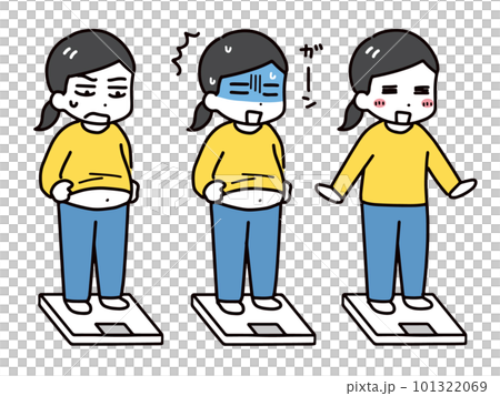 A set of various facial expressions of a young woman in casual clothes standing on a weight scale (whole body) 101322069