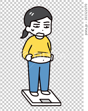Plain clothes woman with a troubled face on a weight scale Plain clothes woman with a troubled face on a weight scale 101322070
