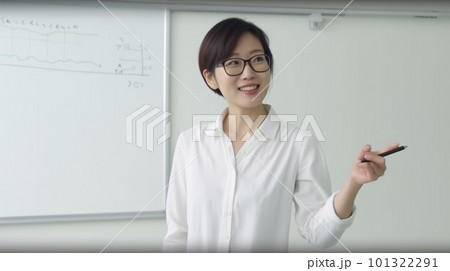 ホワイトボードの前でプレゼンする女性　AI画像 101322291