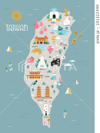 Vector illustration of Taiwan map with famius symbols, landmarks, animals. Vector illustration of Taiwan map with famius symbols, landmarks, animals. 101322490