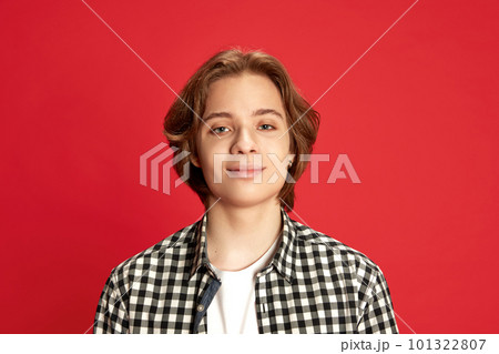 Close up portrait of young boy wearing checkered shirt looking at camera with fake smile over red studio background Close up portrait of young boy wearing checkered shirt looking at camera with fake smile over red studio background 101322807