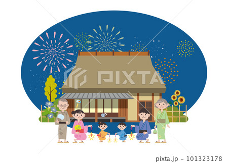 田舎で線香花火をする家族 101323178