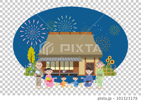 田舎で線香花火をする家族 101323178