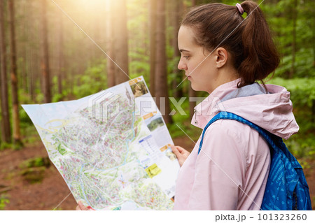 Portrait of young enthusiastic traveller standing in middle of forest, around green and trees, holding map, looking at it attentively, choosing better travel route, looking for way out from forest. 101323260