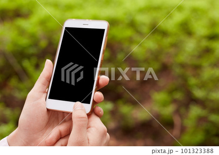 Hands of unknown holding modern device being around nature, black screen, turning off smartphone, no connection in forest, using mobile phone in everyday life, looking for way out with help of phone. Hands of unknown holding modern device being around nature, black screen, turning off smartphone, no connection in forest, using mobile phone in everyday life, looking for way out with help of phone. 101323388
