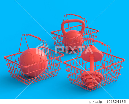 Sport equipment for fitness, gym in shopping basket on monochrome Sport equipment for fitness, gym in shopping basket on monochrome 101324136