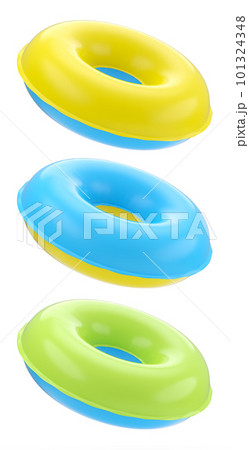 Set of inflatable rings for kids in swimming pool on white background. 101324348