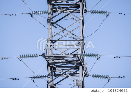 Lattice-type steel tower is under blue sky as a part of high-voltage line Lattice-type steel tower is under blue sky as a part of high-voltage line 101324651