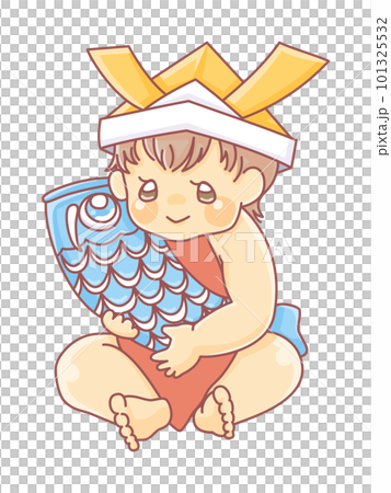 鯉のぼりを持ったお座り赤ちゃんのかわいいイラスト 101325532