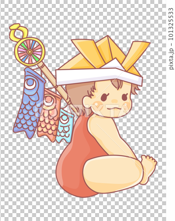 Cute illustration of a sitting baby holding a carp streamer Cute illustration of a sitting baby holding a carp streamer 101325533