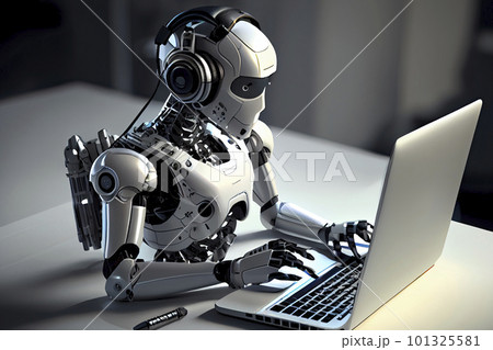 3d rendering humanoid robot working with headset and notebook 101325581