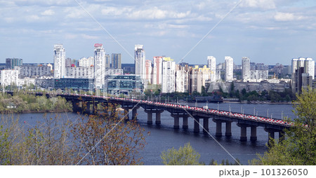 Kiev, Ukraine April 27, 2020: bridge over the Dnieper River, named after Paton, with red road traffic restrictions 101326050