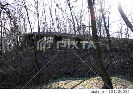 Kiev, Ukraine March 18, 2020: unfinished and abandoned bridge Kiev, Ukraine March 18, 2020: unfinished and abandoned bridge 101326055