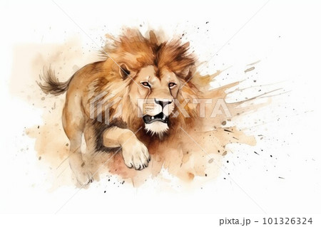 Lion watercolor splash run. Anima face. Generate Ai 101326324