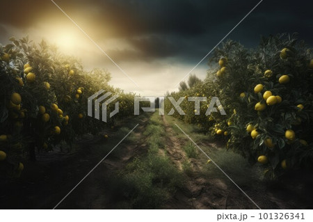 Lemon tree garden at sunset. Food organic. Generate Ai Lemon tree garden at sunset. Food organic. Generate Ai 101326341
