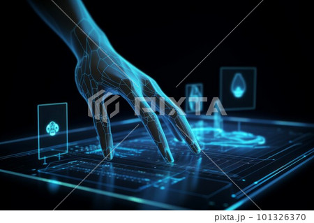 Hand analyzing hologram. Online business. Generate Ai Hand analyzing hologram. Online business. Generate Ai 101326370