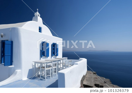 Greek tavern near sea. Travel greece. Generate Ai 101326379