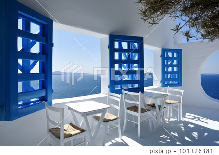 Greek tavern architecture. Summer landscape. Generate Ai 101326381