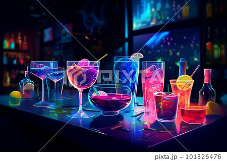 Neon night club cocktails. Food drink. Generate Ai 101326476