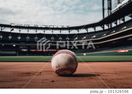 Baseball ball on pitch. Dirt game. Generate Ai Baseball ball on pitch. Dirt game. Generate Ai 101326506