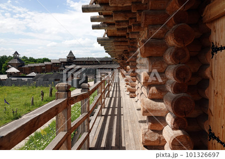 Kiev, Ukraine June 19, 2021: old wooden fortress - entertainment complex Kievan Rus old wooden fortress and artists doing a performance. 101326697
