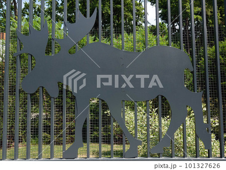 Kiev, Ukraine July 6, 2021: Artistic decoration of the facade of the fence with images of zoo animals in the center of Kiev 101327626