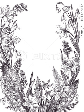 Floral wreath with spring flowers. Vintage botanical illustration. Black and white. Frame with plants isolated on transparent background. 101327812